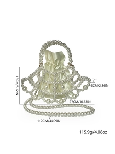 Elegant pearl beaded handbag with satin drawstring inner bag and size specifications