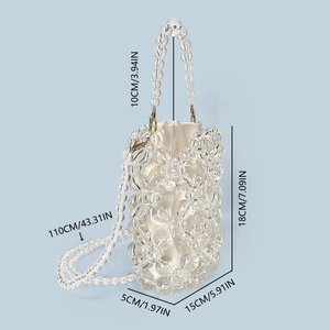 Detailed size chart of handmade beaded acrylic bucket bag with 110cm chain strap