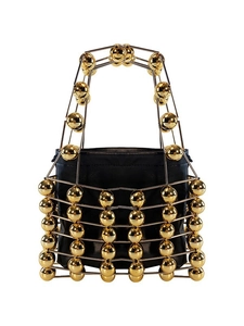 Luxury geometric metal frame handbag with gold beads and black drawstring inner pouch