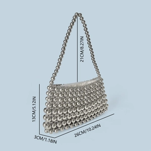 Detailed dimensions of silver beaded shoulder bag showing length, width, and strap height