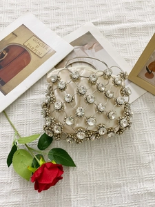 Elegant silver metal cage handbag with crystal rhinestones and ring handles for evening