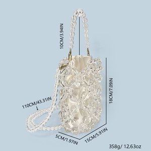 Detail view of woven acrylic beaded bucket bag with dimensions and pearl chain