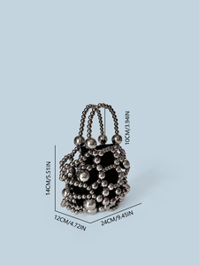 Sparkly metallic beaded handbag for women featuring dimensions and silver spherical design