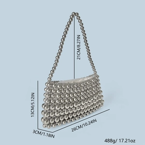 Detailed size specifications of silver beaded shoulder bag with dimensions and weight