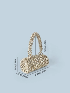 Sac à main cylindrique perlé fait main crème avec dimensions 20x9x8.5cm et détails d'anse