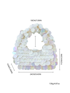 Detailed size chart of a white sequined handbag showing 24cm width and 11cm height