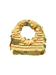 Detail shot of shimmering gold round sequins and texture on a stylish handmade handbag