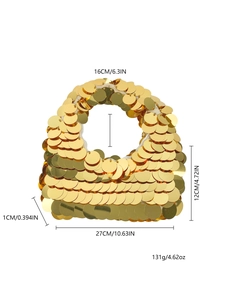 Detailed size specifications for gold sequin handmade woven handbag with metal scales