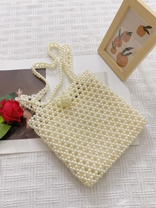 Borsa tote retrò intrecciata a mano in finte perle con doppi manici eleganti da donna