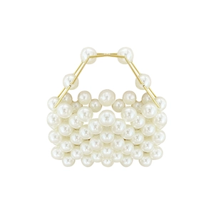 Detail of beaded evening bag with large white pearls and a gold-tone metal handle