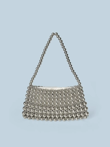 Handmade Silver Beaded Handbag For Women Vintage Metallic Acrylic Woven Shoulder Bag Evening Party Wedding Small Zipper Purse