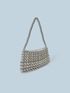 Elegant silver handmade beaded tote bag with a metallic finish and round bead woven texture