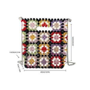 Detailed dimensions of a colorful handmade beaded crossbody bag with floral patterns