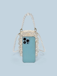 Handmade transparent beaded bucket bag with satin lining and gold metal hardware