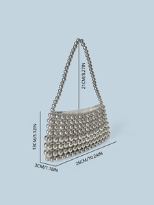 Handmade silver beaded woven shoulder bag with top zipper and elegant long strap