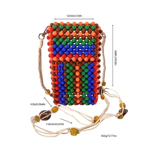 Detailed size specifications of a colorful handmade beaded crossbody phone bag with strap