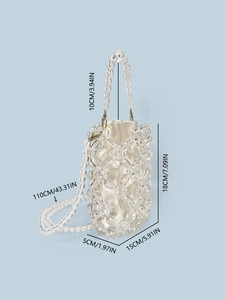 Handmade clear acrylic beaded bucket bag with dimensions and pearl crossbody strap