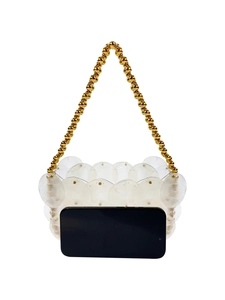 Mini acrylic sequin handbag with gold beaded handle and translucent white round plates
