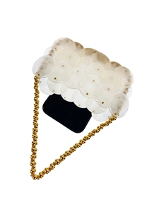 Handmade beaded handbag with white sequins and golden ball chain for evening parties