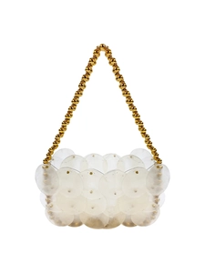Handmade beaded sequin handbag with white shell discs and gold metal handle for parties