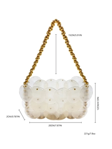 Handmade beaded evening handbag with white sequins and golden chain handle design