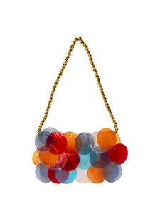 Detail of handmade beaded handbag with vibrant multi-colored sequins and gold bead handle