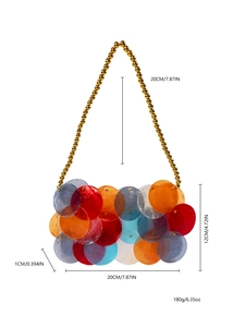 Detail view of colorful sequin beaded handbag with gold bead handle and dimensions