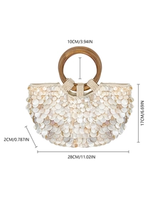 Sac à main bohème en disques de nacre avec poignées rondes en bois et design artistique