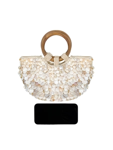 Sac à main artistique en paillettes de coquillage avec poignées rondes en bois chic