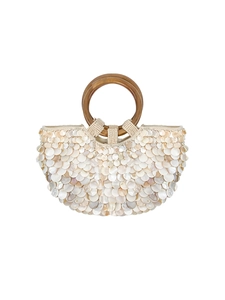 Sac à main artisanal en nacre avec paillettes irisées et une poignée ronde en bois