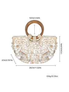 Sac à main artisanal à paillettes en nacre avec poignée ronde en bois massif