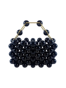 Handmade Acrylic Beaded Handbag Faux Artificial Pearl Mini Purse Elegant Hollow Out Evening Bag Gold Metal Handle Geometric Style