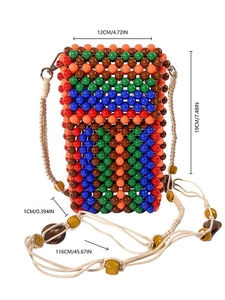 Handmade multicolored beaded phone bag with crossbody strap and detailed dimensions