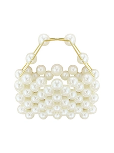 Elegant beaded handmade pearl handbag with geometric golden metal handle for women
