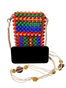 Handmade multi-color beaded crossbody phone bag with ethnic woven strap and beads