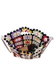 Handmade colorful beaded crossbody bag with floral pattern and silver metal chain strap