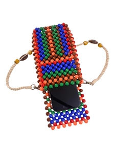 Handmade multicolored beaded phone crossbody bag with striped pattern and white rope strap