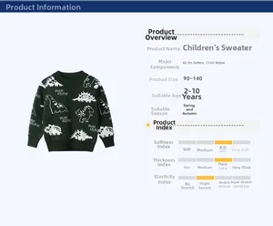 Detail view of kids cotton knit sweater with dinosaur print and fabric composition chart
