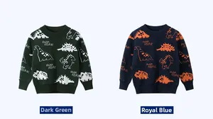 Detail of kids knit sweaters featuring dinosaur patterns in dark green and royal blue