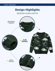 Detail view of ribbed collar, cuffs and hem on green knitted sweater with dinosaur motif