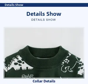 Detail of ribbed crew neck and white dinosaur knit pattern on green sweater