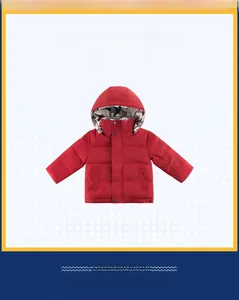Detail view of red hooded children's winter jacket with camo lining and snap button closure