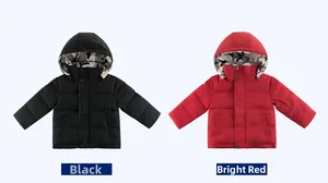 Detail view of hooded puffer jackets in black and red with camouflage print lining