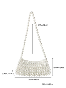 Detailed size specifications for a handmade white faux pearl beaded shoulder bag