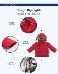 Detail view of double-sided kids winter jacket with red fabric and camo lining