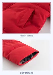 Detail of red padded jacket featuring camo lining on cuffs and side seam pockets