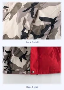 Close-up of reversible kids jacket hem featuring camouflage lining and metal snap buttons