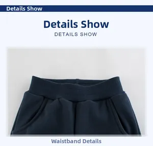 Détail du pantalon enfant bleu marine avec taille élastique côtelée et poches latérales