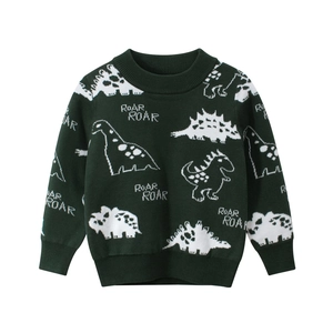 Dark green knitted sweater for boys featuring white dinosaur patterns and Roar text
