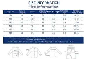 Detailed size information chart for children outerwear showing age and weight suggestions